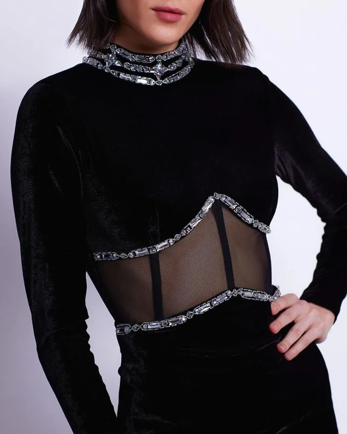 Women Dresses and Jumpsuits PatBO HAND BEADED VELVET BUSTIER MINI DRESS Black