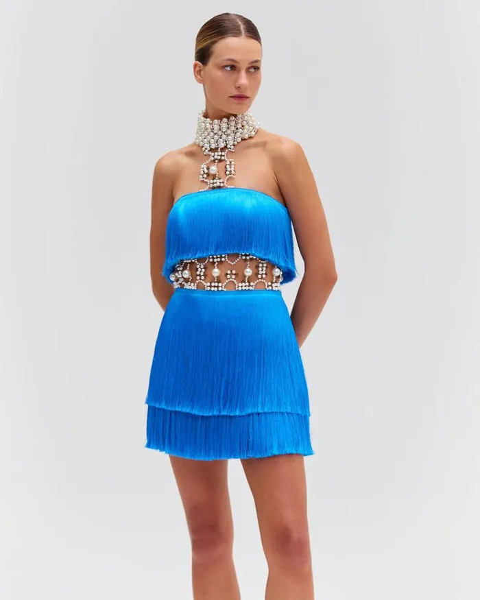 Women Dresses and Jumpsuits PatBO PEARL AND FRINGE HALTERNECK MINI DRESS EXCLUSIVE Cobalt