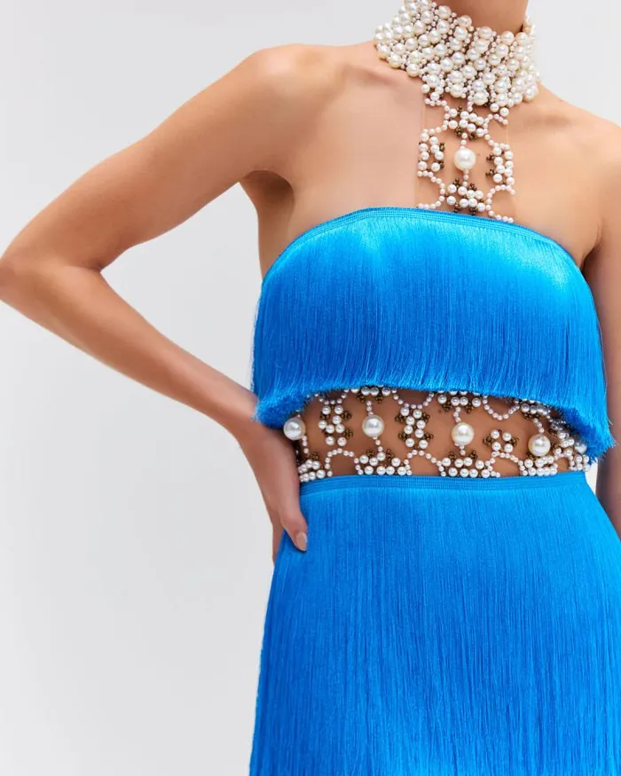 Women Dresses and Jumpsuits PatBO PEARL AND FRINGE HALTERNECK MINI DRESS EXCLUSIVE Cobalt