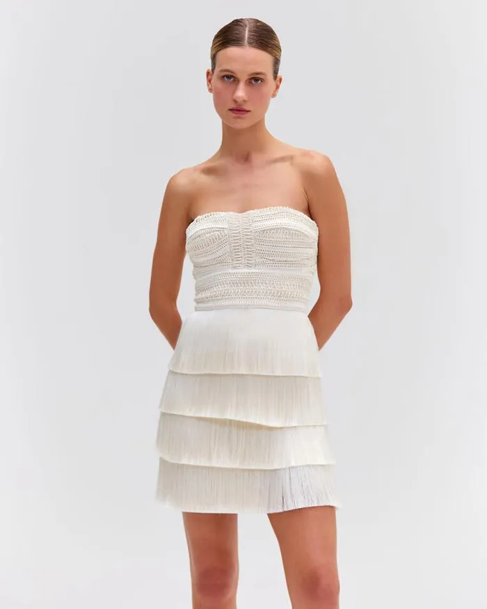 Women Dresses and Jumpsuits PatBO Strapless Fringe Mini Dress FINAL SALE White