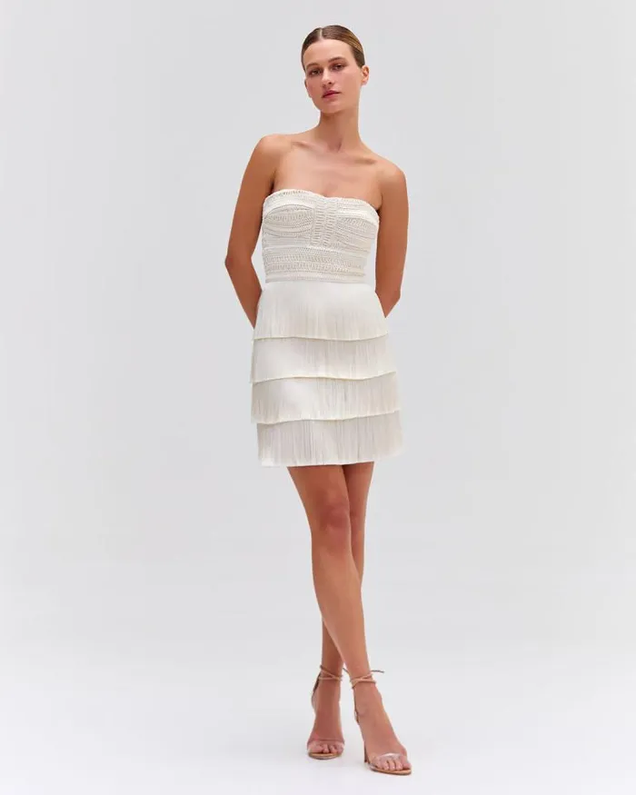 Women Dresses and Jumpsuits PatBO Strapless Fringe Mini Dress FINAL SALE White