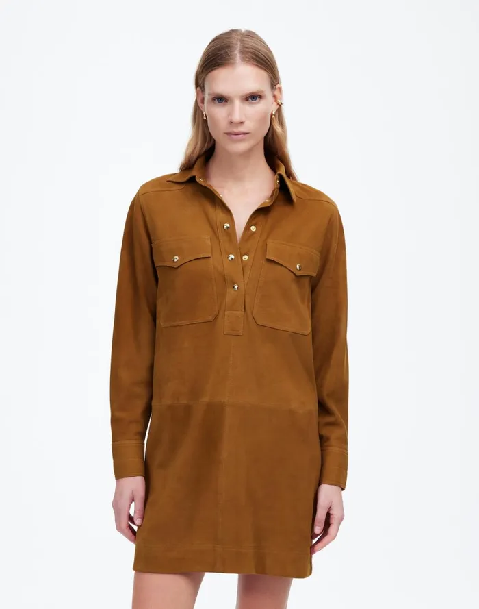 Women Dresses Madewell ButtonUp Mini Shirtdress In Suede Leather Suede