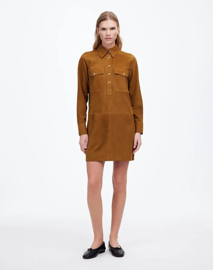 Women Dresses Madewell ButtonUp Mini Shirtdress In Suede Leather Suede
