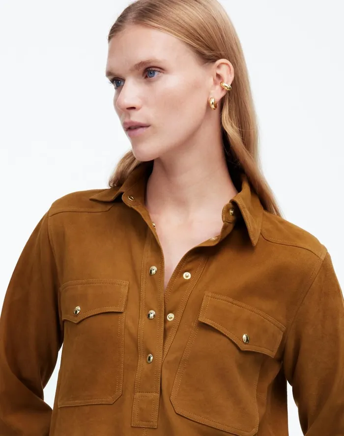 Women Dresses Madewell ButtonUp Mini Shirtdress In Suede Leather Suede
