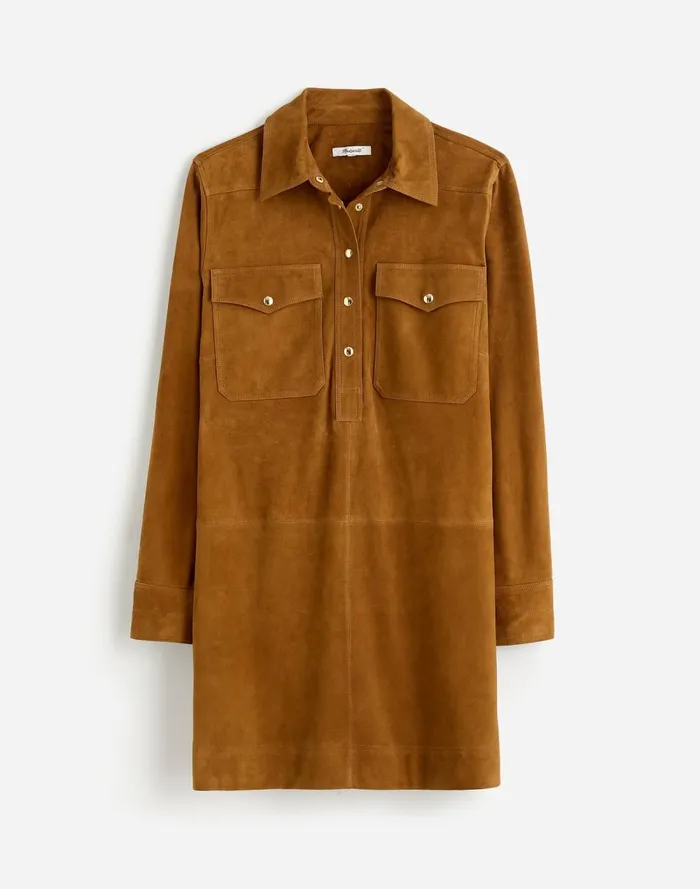 Women Dresses Madewell ButtonUp Mini Shirtdress In Suede Leather Suede