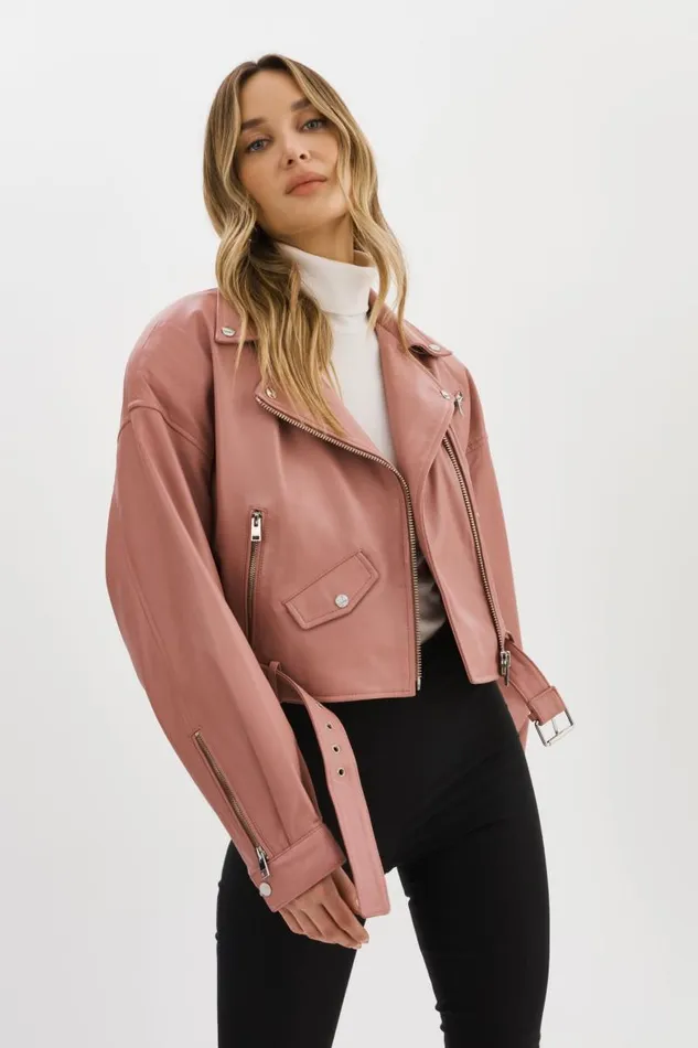 Women DYLAN 80039s Leather Biker Jacket Mauve Pink LAMARQUE Leather Jackets