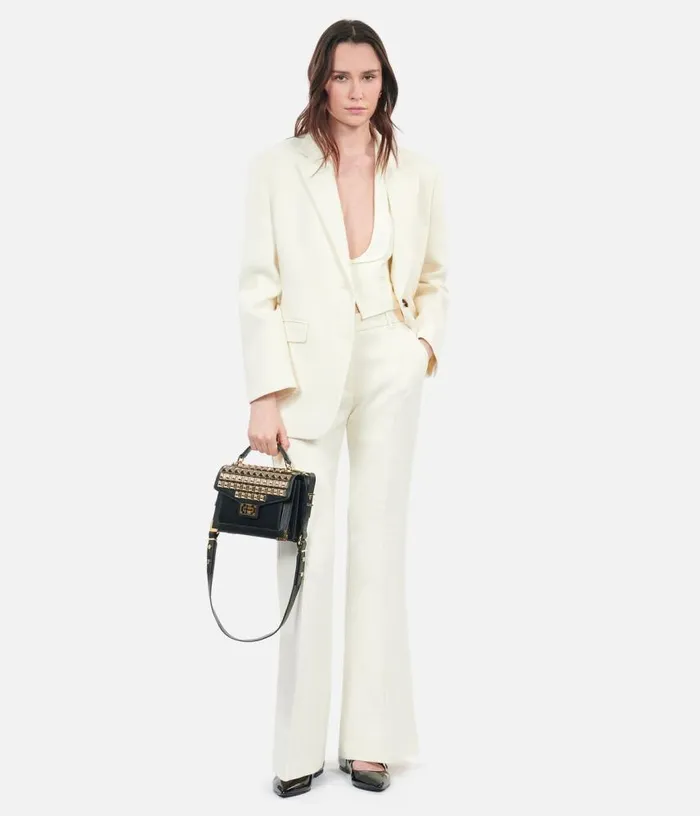 Women Ecru Wool And Cotton Flared Suit Trousers THE KOOPLES Blazers and Suits