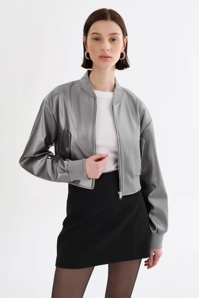 Women EVELIN Faux Leather Cropped Bomber Gunmetal LAMARQUE Leather Jackets