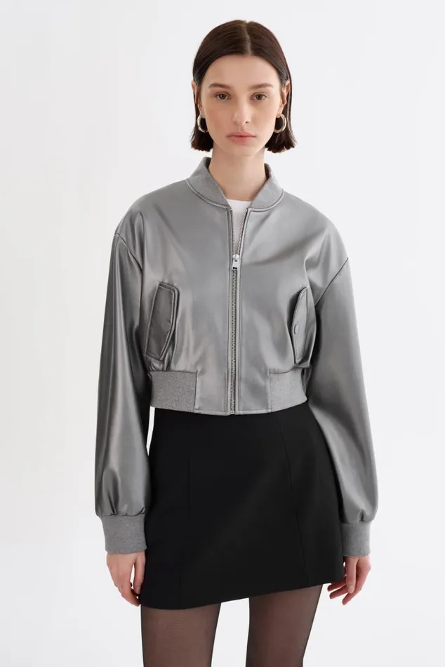Women EVELIN Faux Leather Cropped Bomber Gunmetal LAMARQUE Leather Jackets