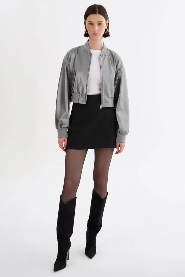 Women EVELIN Faux Leather Cropped Bomber Gunmetal LAMARQUE Leather Jackets