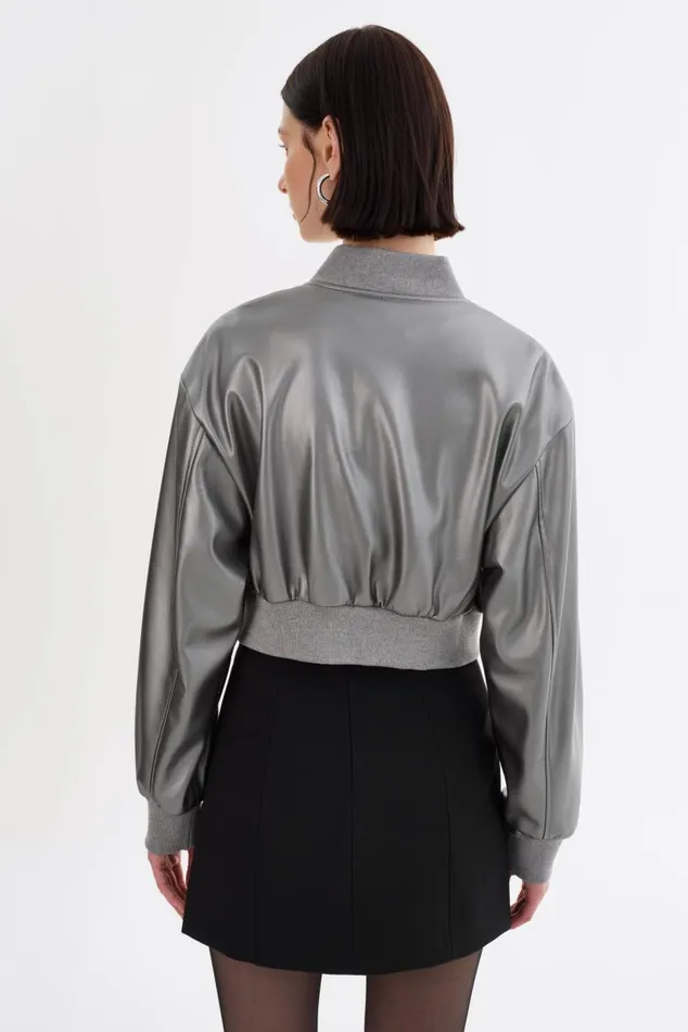 Women EVELIN Faux Leather Cropped Bomber Gunmetal LAMARQUE Leather Jackets