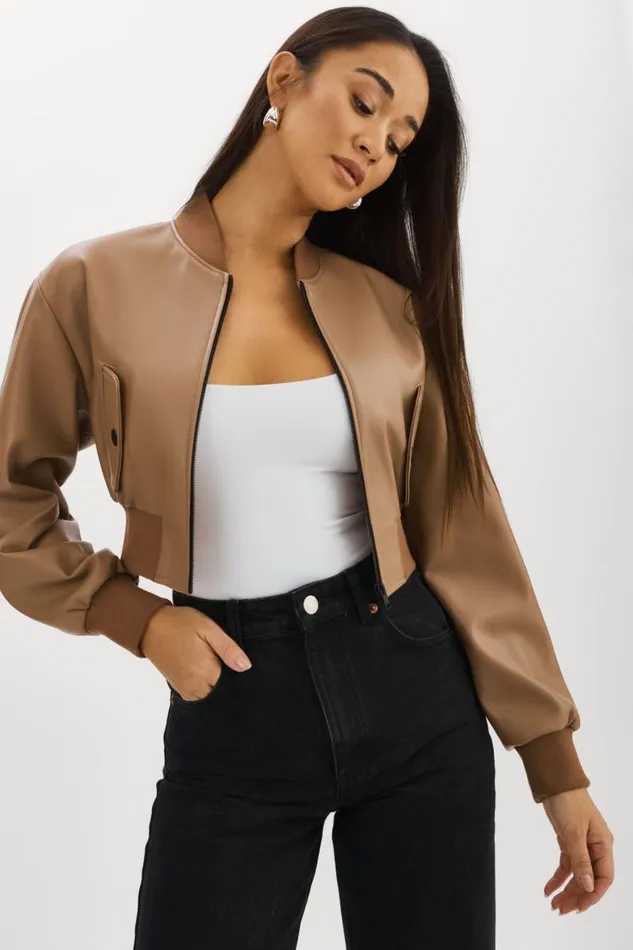 Women EVELIN Faux Leather Cropped Bomber Mocha LAMARQUE Bombers