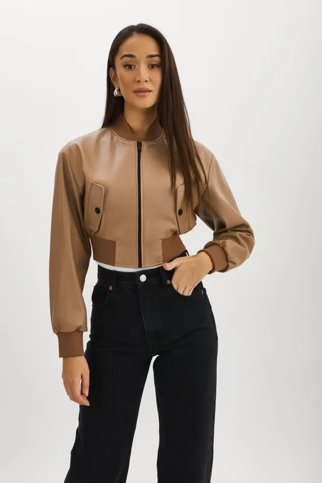 Women EVELIN Faux Leather Cropped Bomber Mocha LAMARQUE Bombers Women EVELIN Faux Leather Cropped Bomber Mocha LAMARQUE Bombers