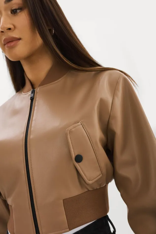 Women EVELIN Faux Leather Cropped Bomber Mocha LAMARQUE Bombers Women EVELIN Faux Leather Cropped Bomber Mocha LAMARQUE Bombers