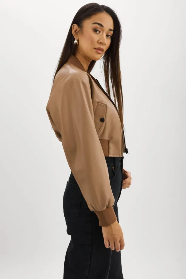 Women EVELIN Faux Leather Cropped Bomber Mocha LAMARQUE Bombers Women EVELIN Faux Leather Cropped Bomber Mocha LAMARQUE Bombers