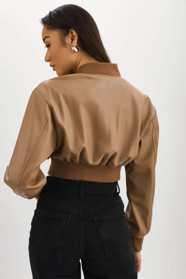 Women EVELIN Faux Leather Cropped Bomber Mocha LAMARQUE Bombers Women EVELIN Faux Leather Cropped Bomber Mocha LAMARQUE Bombers