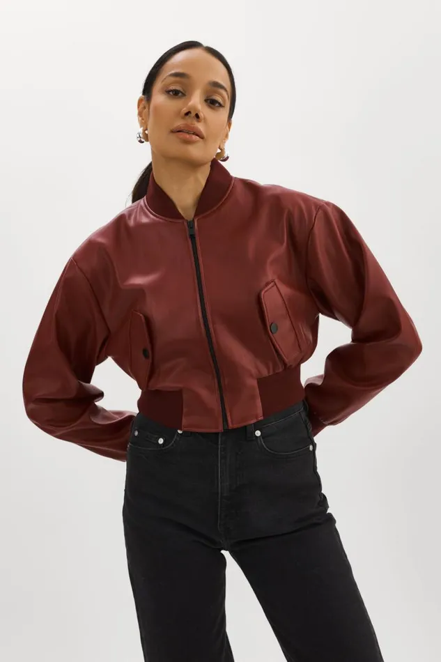 Women EVELIN Faux Leather Cropped Bomber Syrah LAMARQUE Leather Jackets Women EVELIN Faux Leather Cropped Bomber Syrah LAMARQUE Leather Jackets