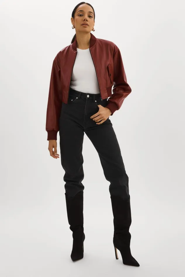 Women EVELIN Faux Leather Cropped Bomber Syrah LAMARQUE Leather Jackets Women EVELIN Faux Leather Cropped Bomber Syrah LAMARQUE Leather Jackets