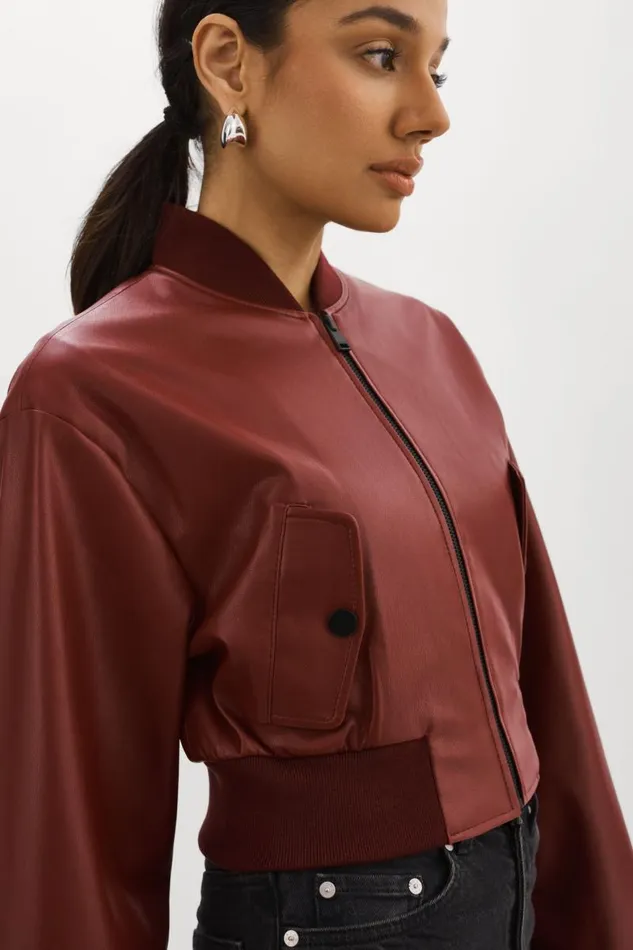 Women EVELIN Faux Leather Cropped Bomber Syrah LAMARQUE Leather Jackets Women EVELIN Faux Leather Cropped Bomber Syrah LAMARQUE Leather Jackets