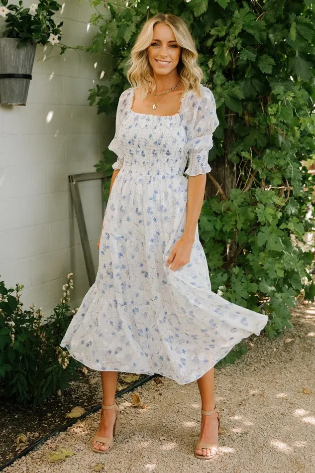 Women Fabian Jacquard Midi Dress Blue Floral Baltic Born Bump Friendly Women Fabian Jacquard Midi Dress Blue Floral Baltic Born Bump Friendly