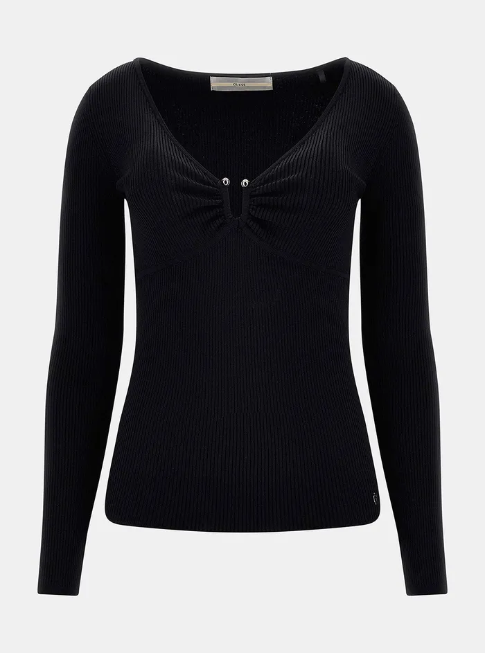 Women Fashion Tops GUESS Black Nicole Rib Knit Top
