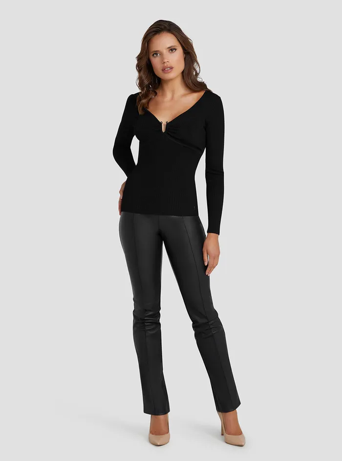 Women Fashion Tops GUESS Black Nicole Rib Knit Top