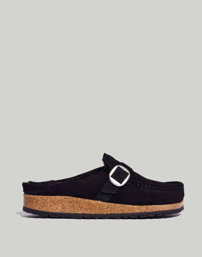 Women Flats and Loafers Madewell Birkenstock Suede Buckley Clogs In Shearling Black Suede Shearing
