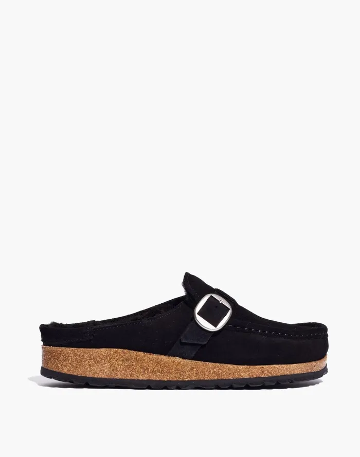 Women Flats and Loafers Madewell Birkenstock Suede Buckley Clogs In Shearling Black Suede Shearing