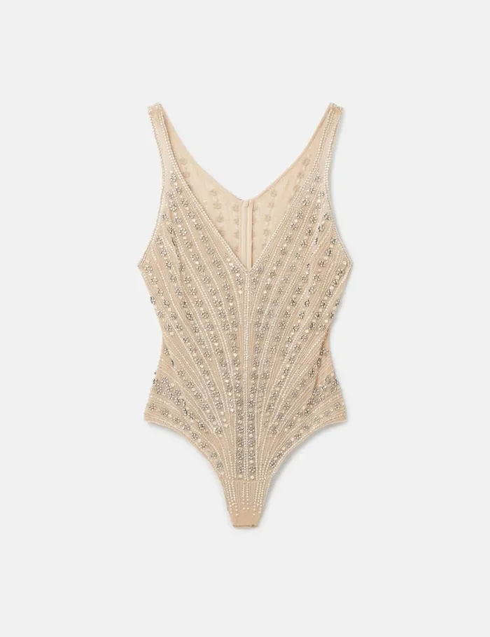 Women Glass BeadEmbellished Bodysuit Nude Beige Stella McCartney Shirts And Tops