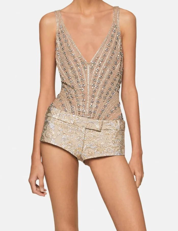 Women Glass BeadEmbellished Bodysuit Nude Beige Stella McCartney Shirts And Tops