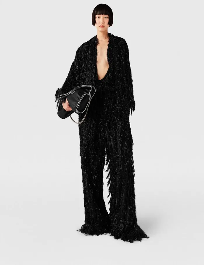 Women Glitter Tassel Shirt Black And Silver Stella McCartney Shirts And Tops