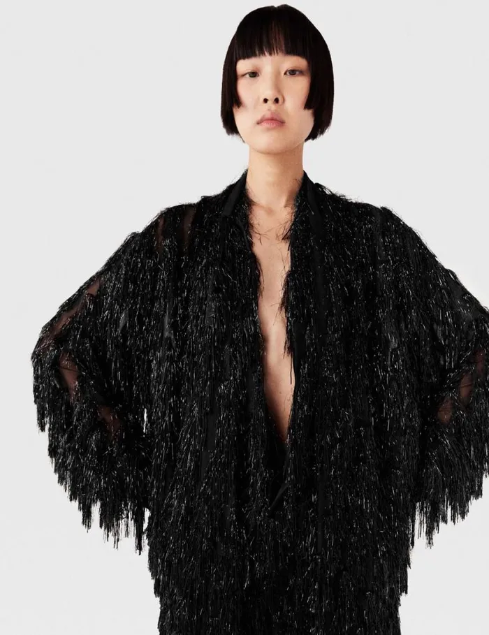 Women Glitter Tassel Shirt Black And Silver Stella McCartney Shirts And Tops
