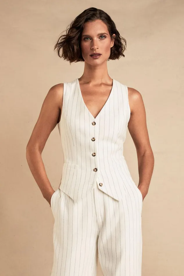 Women Hampton Waistcoat Oyster Linen Pinstripe Holland Cooper Waistcoats