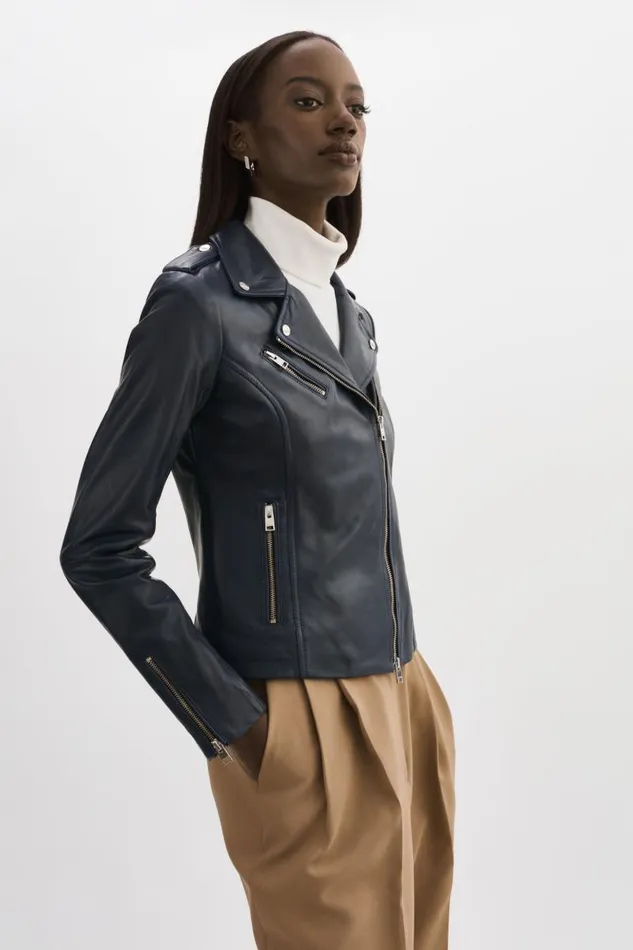Women HARPER Fitted Leather Biker Jacket Navy LAMARQUE Leather Jackets
