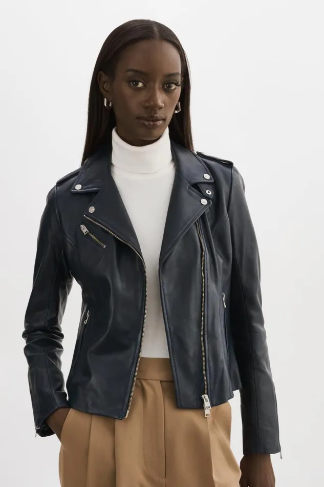 Women HARPER Fitted Leather Biker Jacket Navy LAMARQUE Leather Jackets