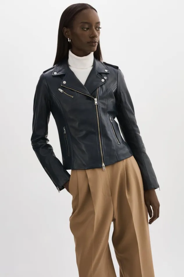 Women HARPER Fitted Leather Biker Jacket Navy LAMARQUE Leather Jackets
