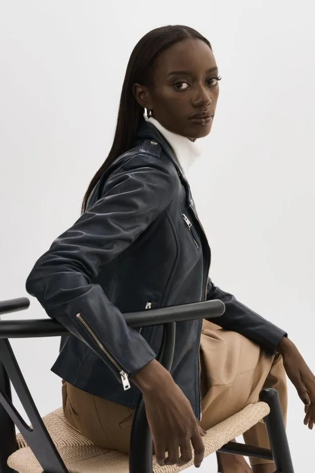Women HARPER Fitted Leather Biker Jacket Navy LAMARQUE Leather Jackets