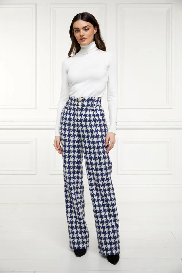 Women High Waisted Straight Trouser Large Scale Navy Houndstooth Holland Cooper Tailoring