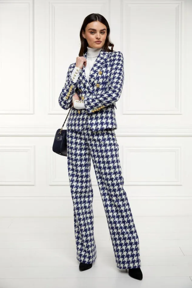 Women High Waisted Straight Trouser Large Scale Navy Houndstooth Holland Cooper Tailoring