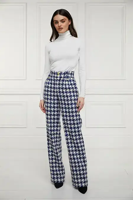 Women High Waisted Straight Trouser Large Scale Navy Houndstooth Holland Cooper Tailoring