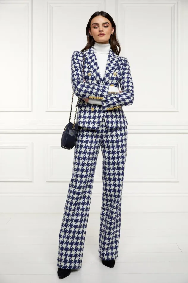 Women High Waisted Straight Trouser Large Scale Navy Houndstooth Holland Cooper Tailoring