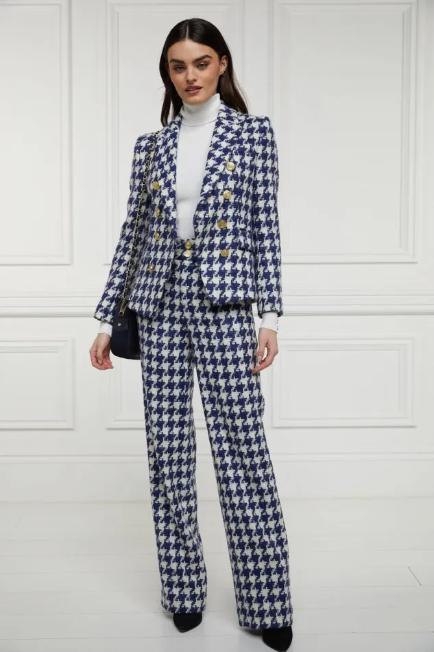 Women High Waisted Straight Trouser Large Scale Navy Houndstooth Holland Cooper Tailoring