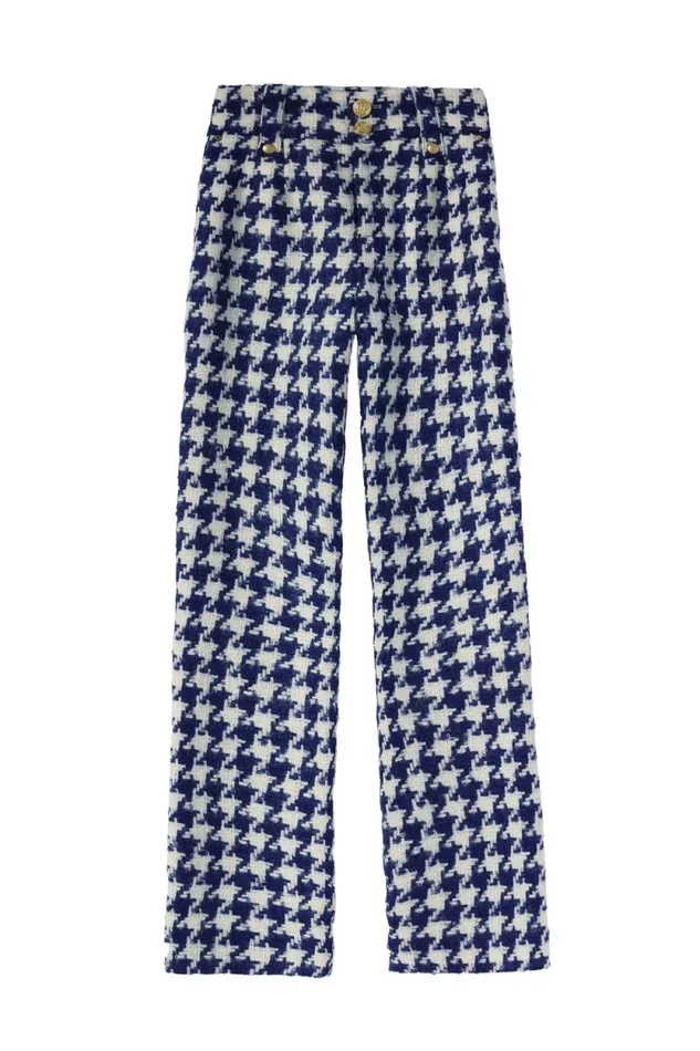 Women High Waisted Straight Trouser Large Scale Navy Houndstooth Holland Cooper Tailoring