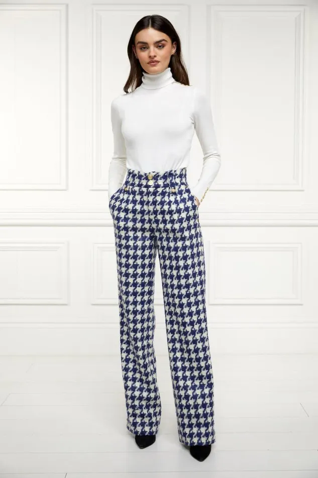 Women High Waisted Straight Trouser Large Scale Navy Houndstooth Holland Cooper Tailoring