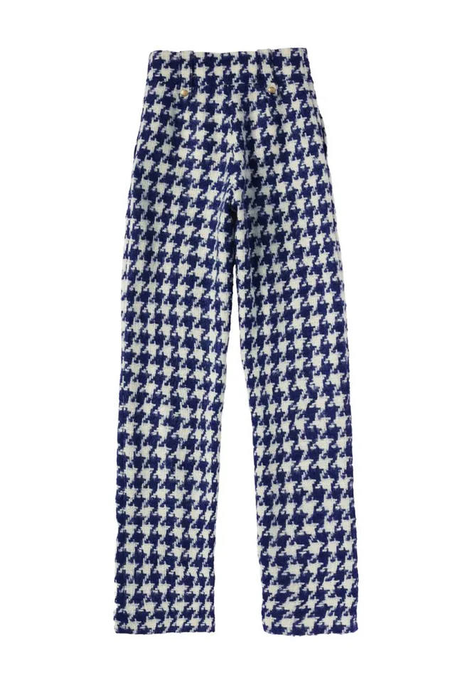 Women High Waisted Straight Trouser Large Scale Navy Houndstooth Holland Cooper Tailoring
