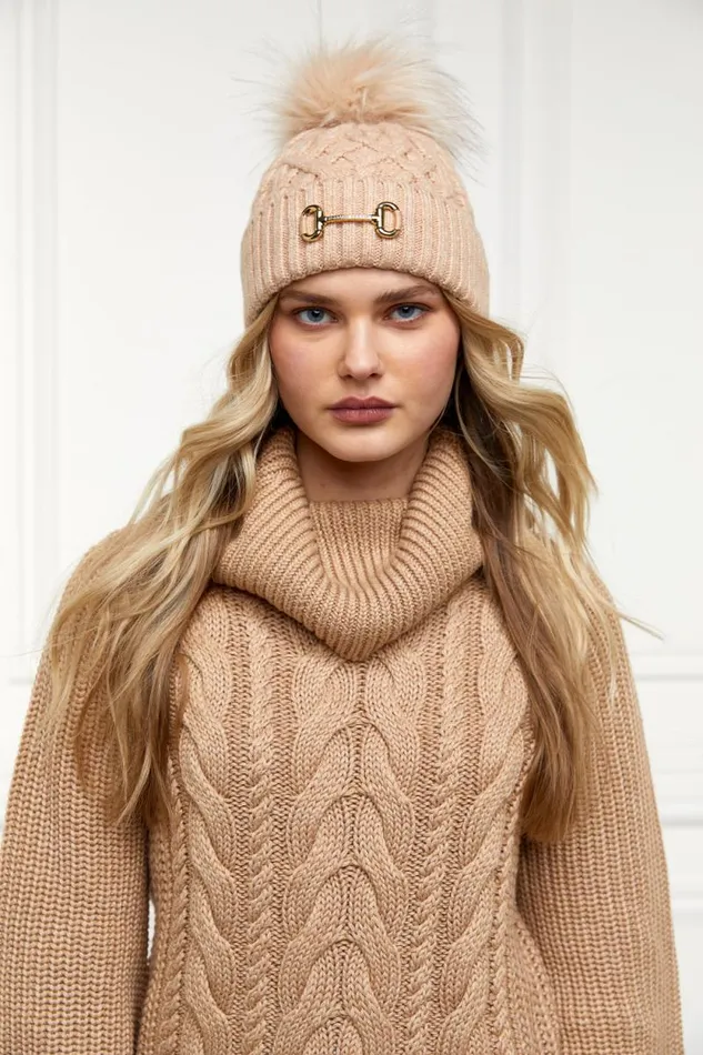 Women Horsebit Bobble Hat Camel Holland Cooper Hats and Headbands