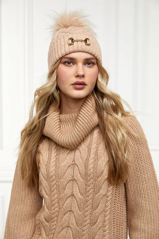 Women Horsebit Bobble Hat Camel Holland Cooper Hats and Headbands