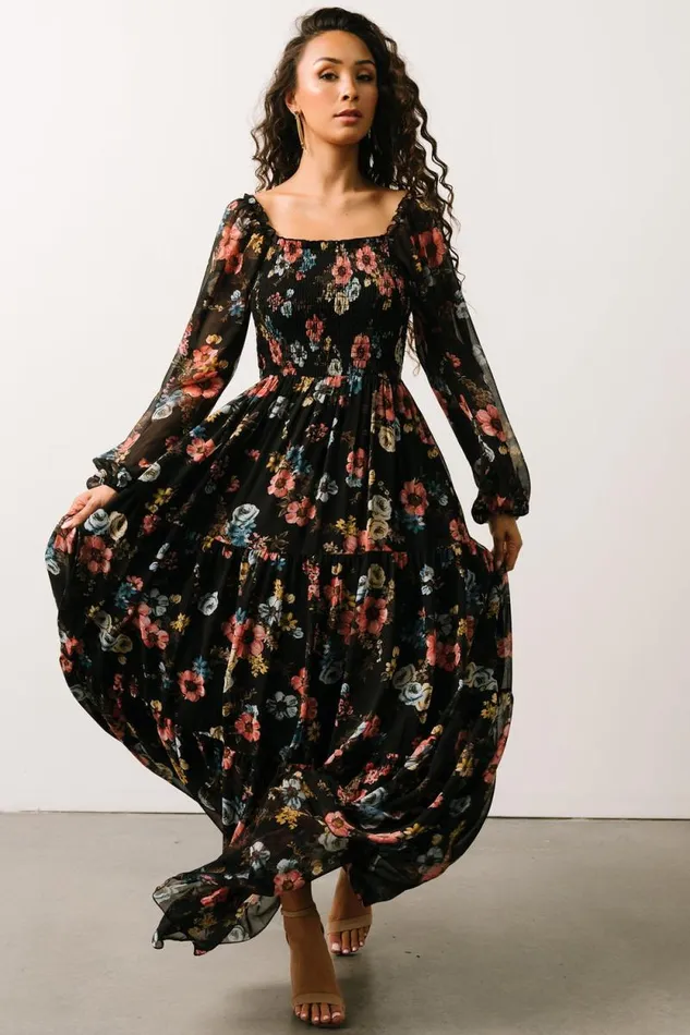 Women Isabela Smocked Maxi Dress Black Multi Floral Baltic Born Maxi Dresses