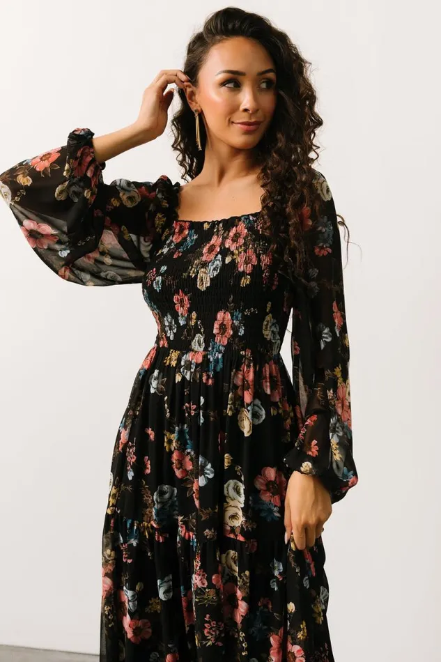 Women Isabela Smocked Maxi Dress Black Multi Floral Baltic Born Maxi Dresses Women Isabela Smocked Maxi Dress Black Multi Floral Baltic Born Maxi Dresses