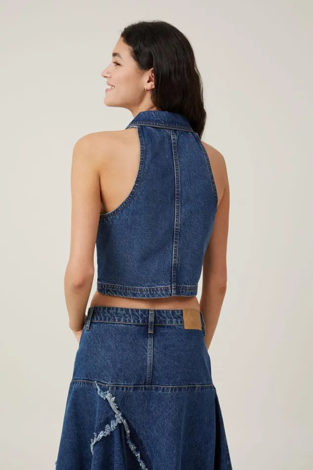 Women Jackets Cotton On Collar Denim Vest Bottle Blue